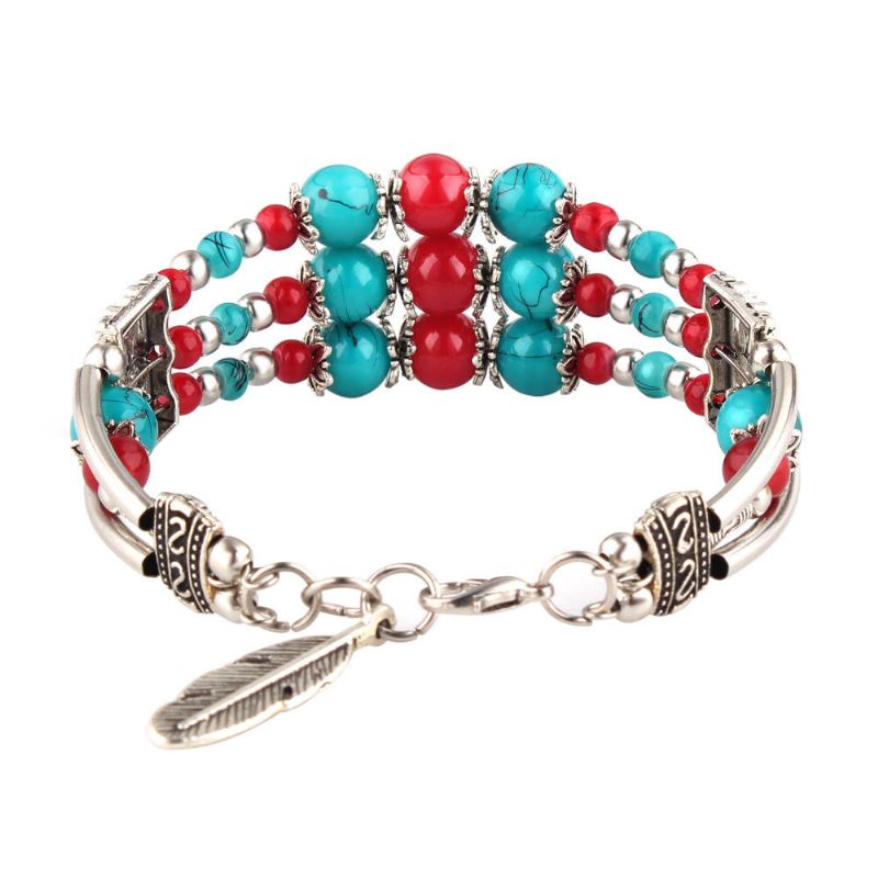 Bohème Tibétain Argent Feuille Pendentif Ethnique Multicolore Perles Femmes Bracelet Jonc