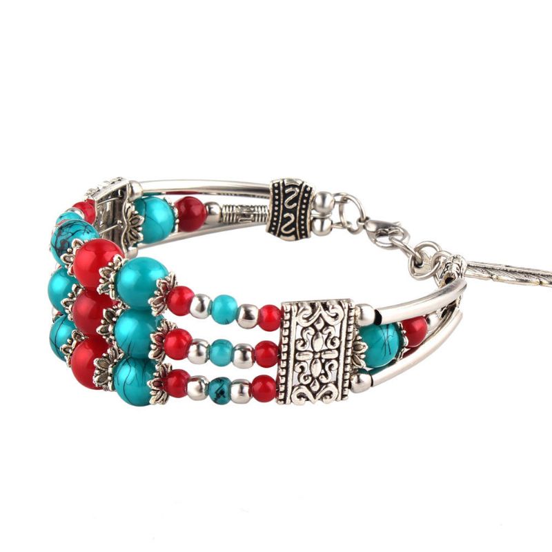 Bohème Tibétain Argent Feuille Pendentif Ethnique Multicolore Perles Femmes Bracelet Jonc