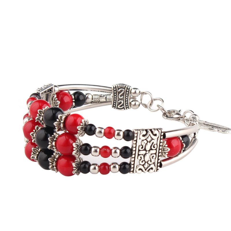 Bohème Tibétain Argent Feuille Pendentif Ethnique Multicolore Perles Femmes Bracelet Jonc