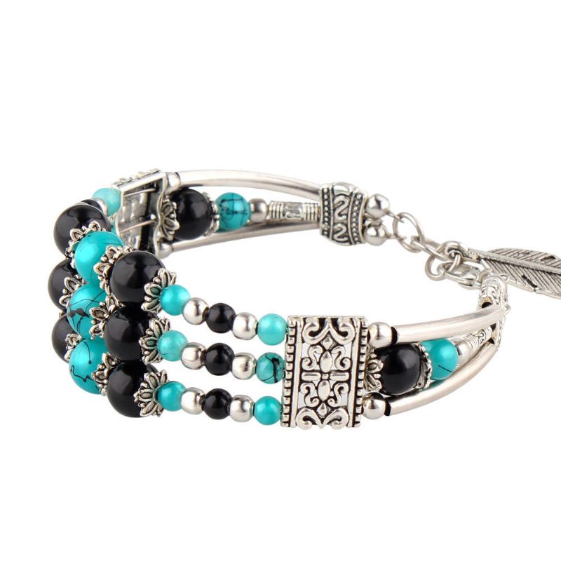 Bohème Tibétain Argent Feuille Pendentif Ethnique Multicolore Perles Femmes Bracelet Jonc