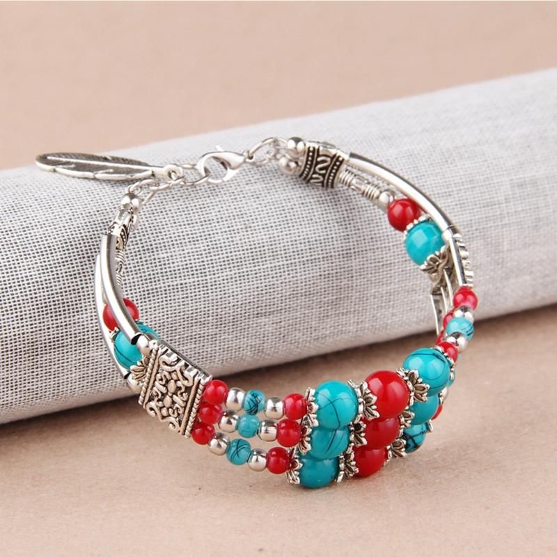 Bohème Tibétain Argent Feuille Pendentif Ethnique Multicolore Perles Femmes Bracelet Jonc