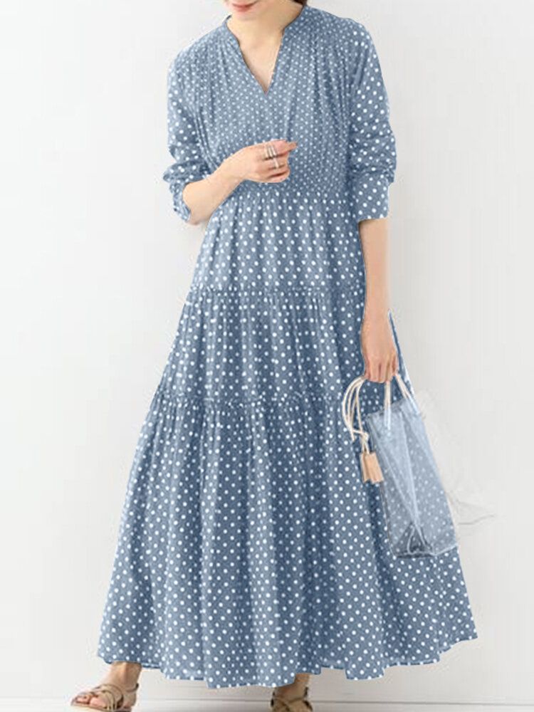 Bohème Vintage Polka Dot Imprimé Col V Manches Longues Vacances Casual Maxi Dress