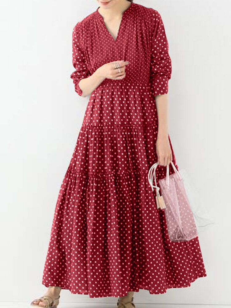 Bohème Vintage Polka Dot Imprimé Col V Manches Longues Vacances Casual Maxi Dress