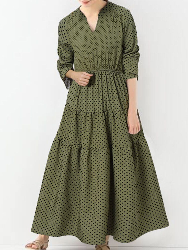 Bohème Vintage Polka Dot Imprimé Col V Manches Longues Vacances Casual Maxi Dress