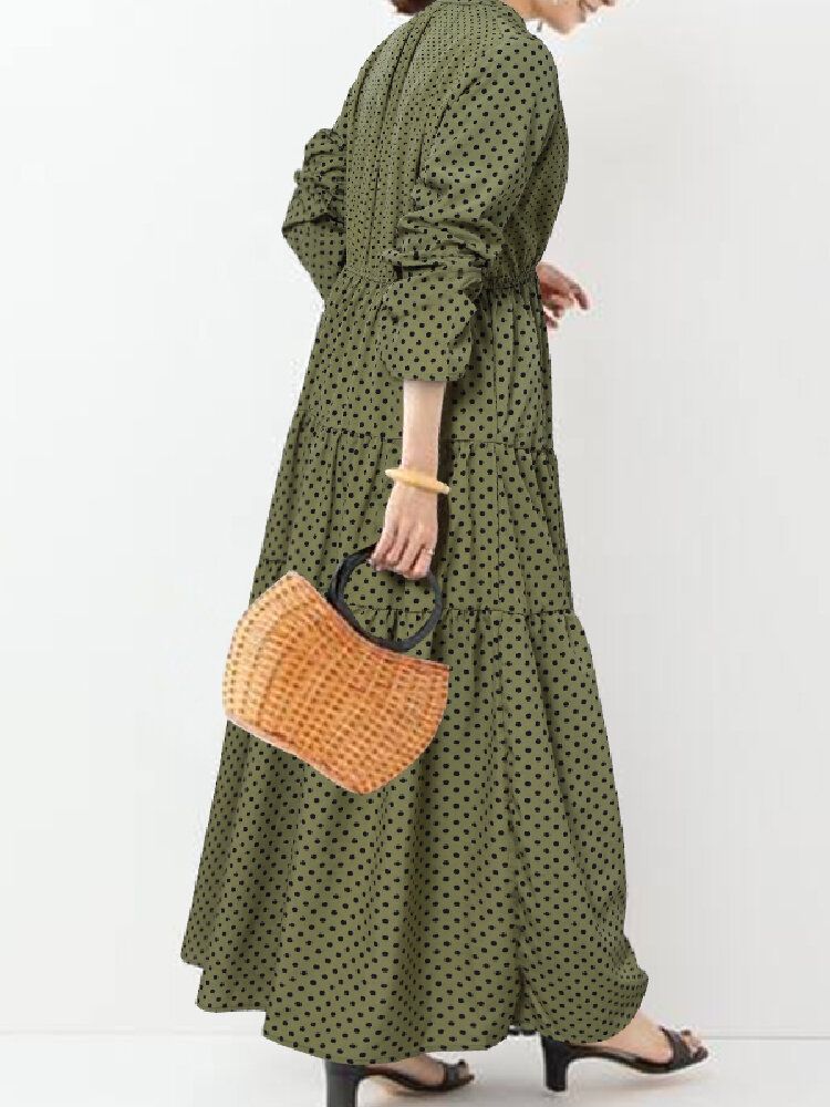 Bohème Vintage Polka Dot Imprimé Col V Manches Longues Vacances Casual Maxi Dress