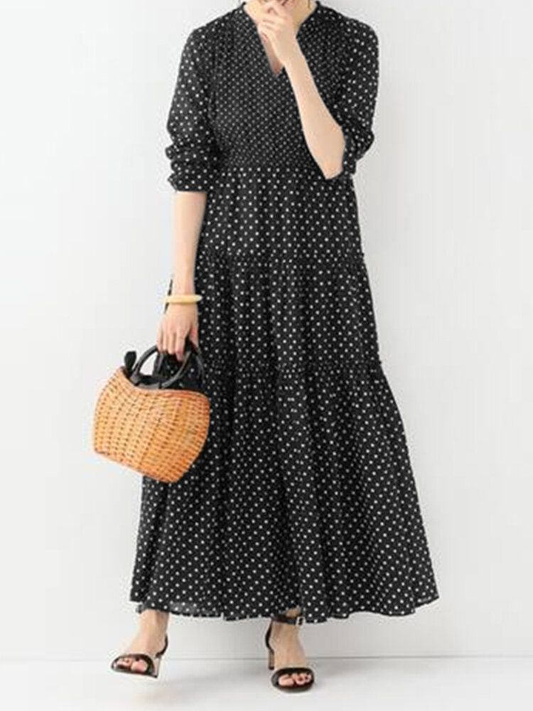 Bohème Vintage Polka Dot Imprimé Col V Manches Longues Vacances Casual Maxi Dress