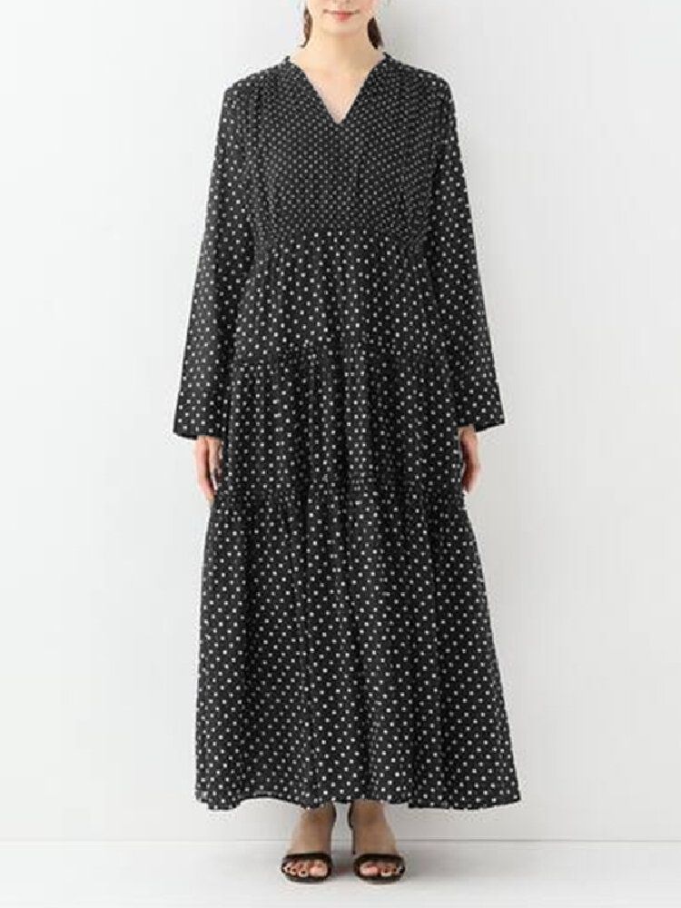 Bohème Vintage Polka Dot Imprimé Col V Manches Longues Vacances Casual Maxi Dress