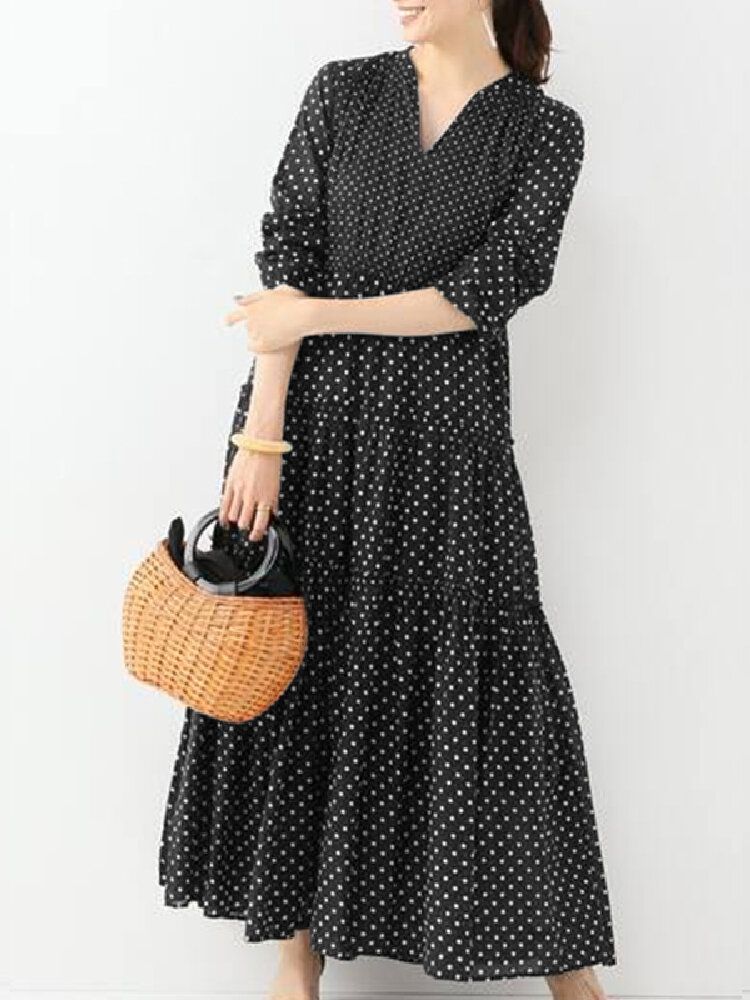 Bohème Vintage Polka Dot Imprimé Col V Manches Longues Vacances Casual Maxi Dress