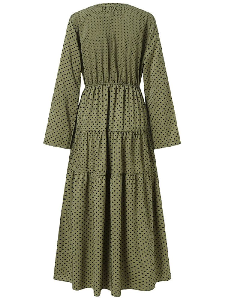 Bohème Vintage Polka Dot Imprimé Col V Manches Longues Vacances Casual Maxi Dress