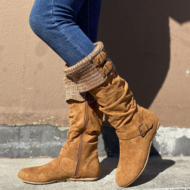 Bottes Au Genou Plates À Fermeture À Glissière Chaudes En Daim Avec Boucle Pour Femmes