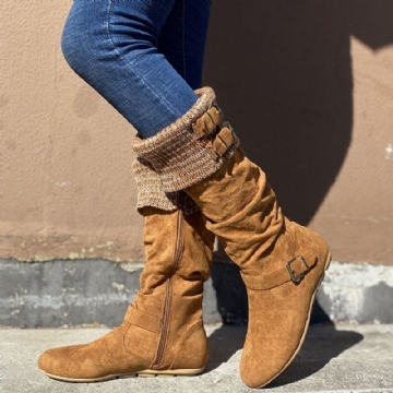 Bottes Au Genou Plates À Fermeture À Glissière Chaudes En Daim Avec Boucle Pour Femmes