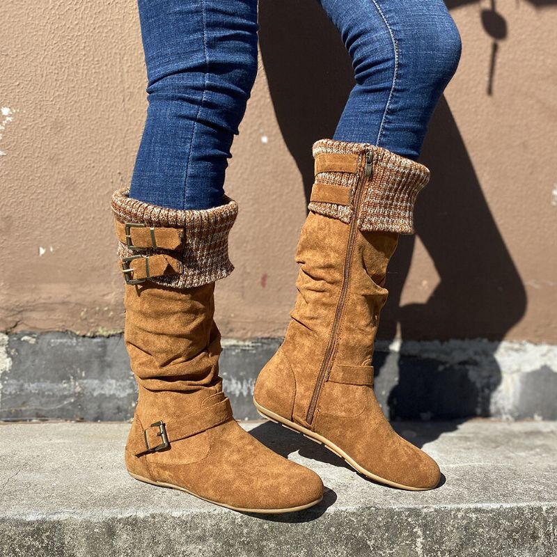 Bottes Au Genou Plates À Fermeture À Glissière Chaudes En Daim Avec Boucle Pour Femmes