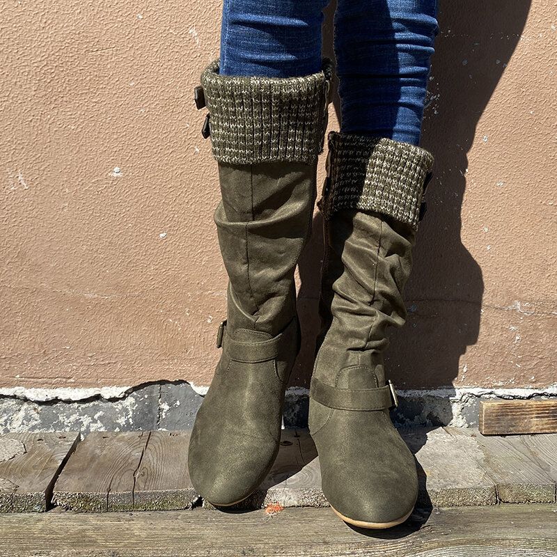 Bottes Au Genou Plates À Fermeture À Glissière Chaudes En Daim Avec Boucle Pour Femmes