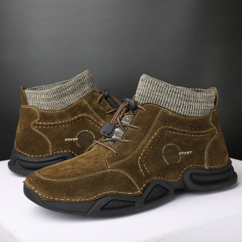 Bottes De Chaussette Décontractées À Lacets Élastiques En Cuir Antidérapantes Portables Pour Hommes