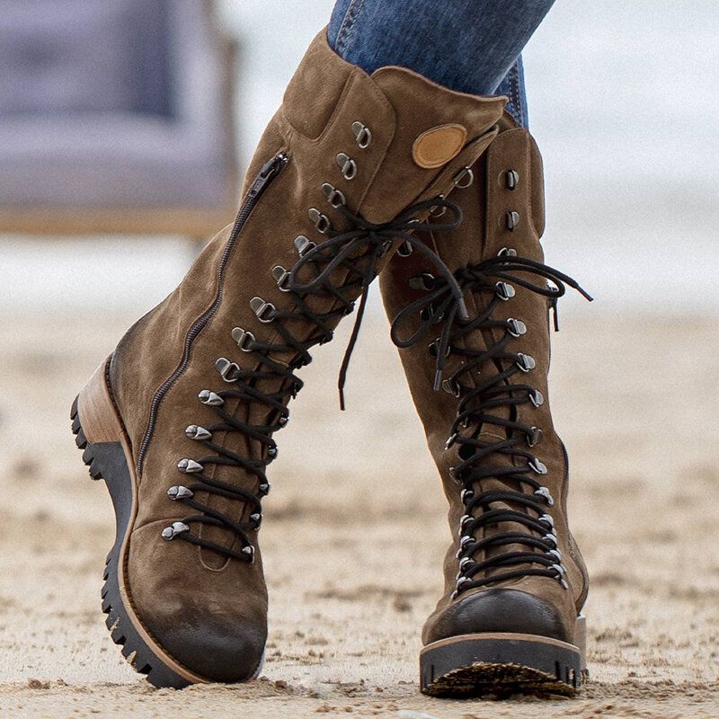 Bottes De Combat Mi-mollet En Daim À Fermeture Éclair Latérale Pour Femmes De Grande Taille