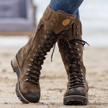 Bottes De Combat Mi-mollet En Daim À Fermeture Éclair Latérale Pour Femmes De Grande Taille