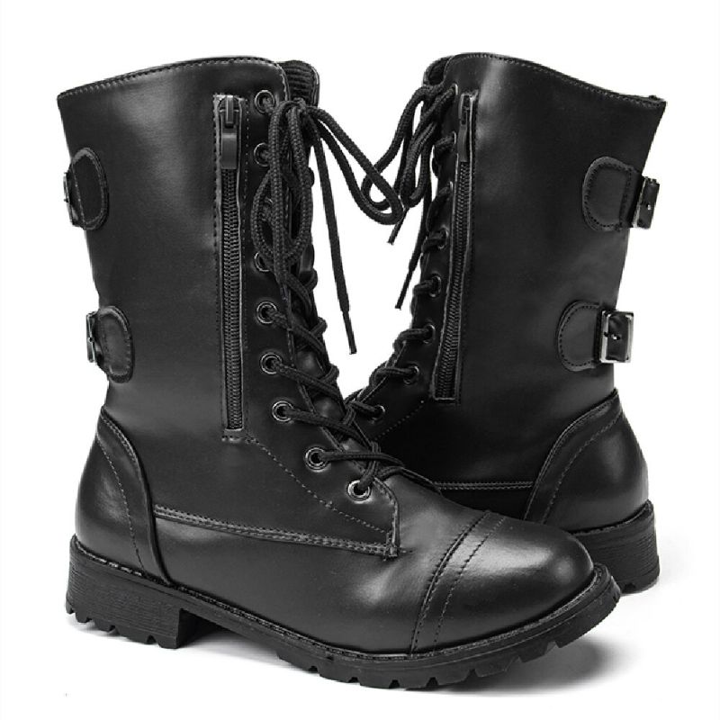 Bottes De Combat Mi-mollet Décontractées À Lacets Pour Femmes À Bout Rond