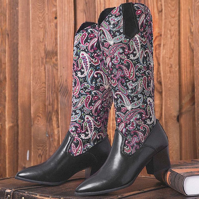 Bottes De Cow-boy À Talons Épais Et À Motif Cachemire Ethnique Pour Femmes De Grande Taille