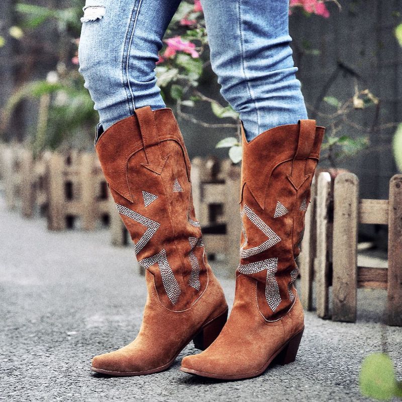 Bottes De Cowboy Au Genou En Daim Avec Strass Et Talons Épais