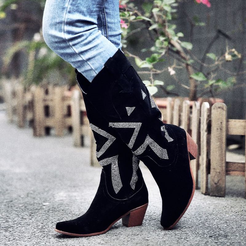 Bottes De Cowboy Au Genou En Daim Avec Strass Et Talons Épais