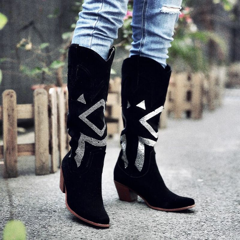 Bottes De Cowboy Au Genou En Daim Avec Strass Et Talons Épais