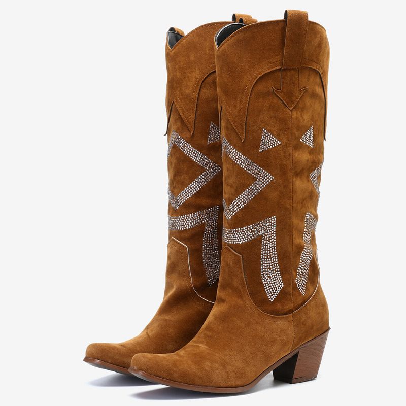 Bottes De Cowboy Au Genou En Daim Avec Strass Et Talons Épais