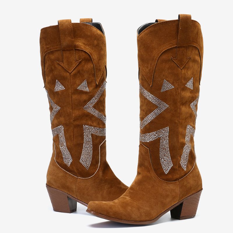 Bottes De Cowboy Au Genou En Daim Avec Strass Et Talons Épais