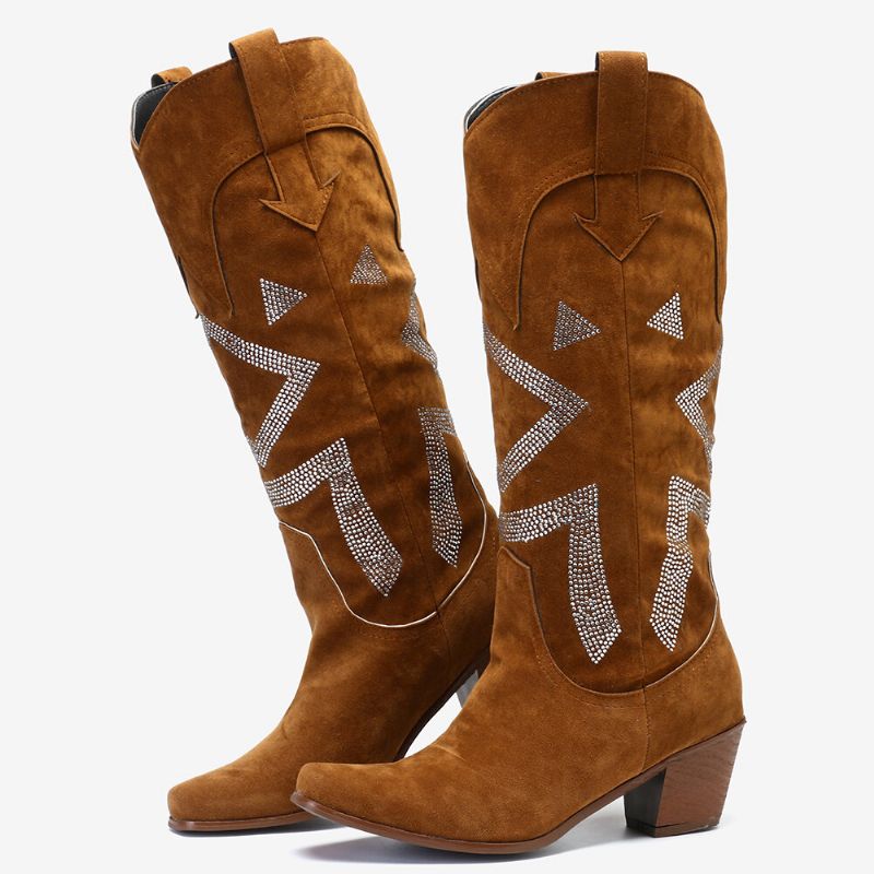 Bottes De Cowboy Au Genou En Daim Avec Strass Et Talons Épais