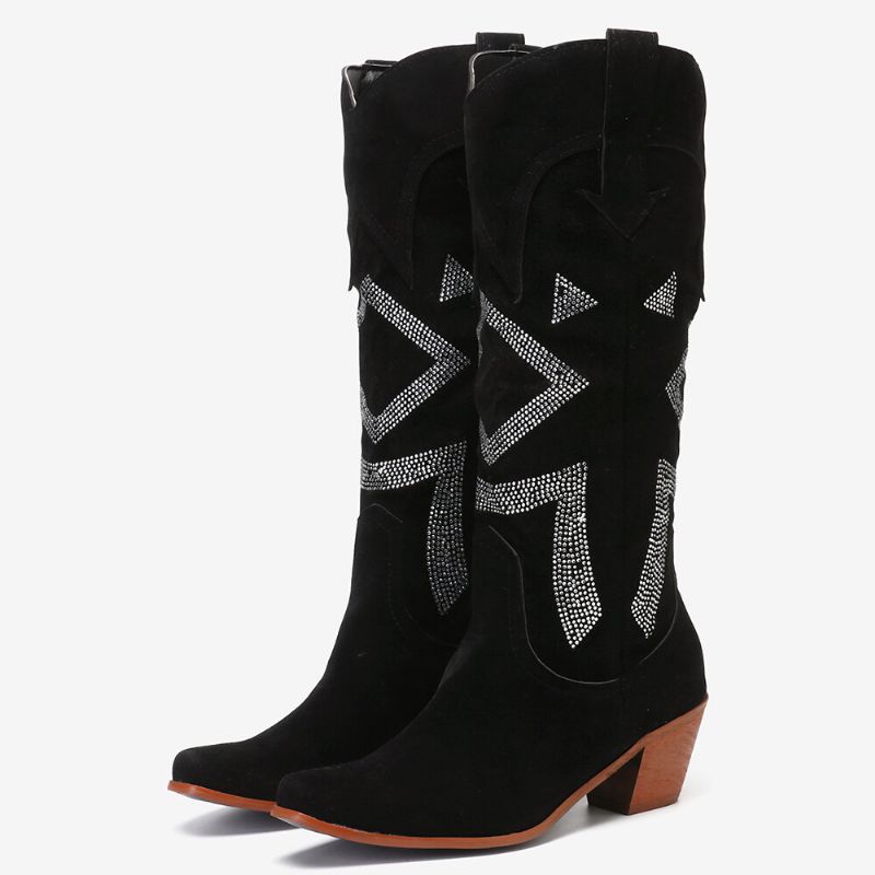 Bottes De Cowboy Au Genou En Daim Avec Strass Et Talons Épais