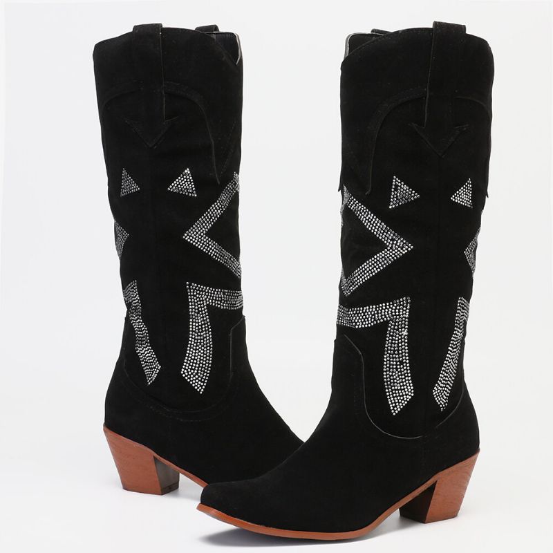 Bottes De Cowboy Au Genou En Daim Avec Strass Et Talons Épais