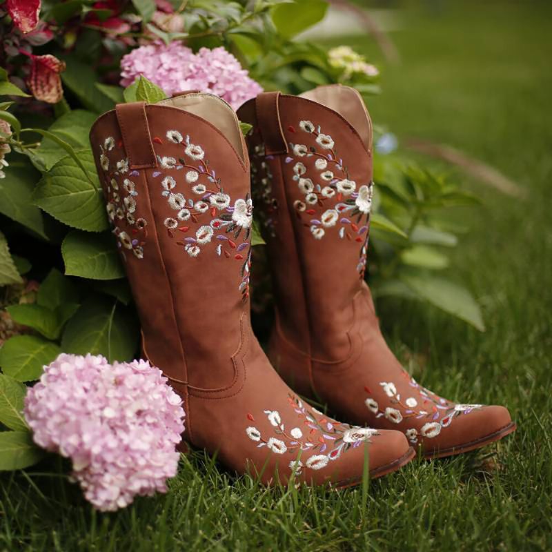 Bottes De Cowboy Brodées De Fleurs Rétro De Grande Taille Pour Femmes