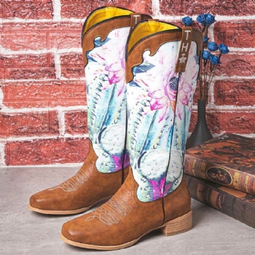 Bottes De Cowboy À Enfiler À Bout Carré Et Imprimé Floral Rétro Pour Femmes