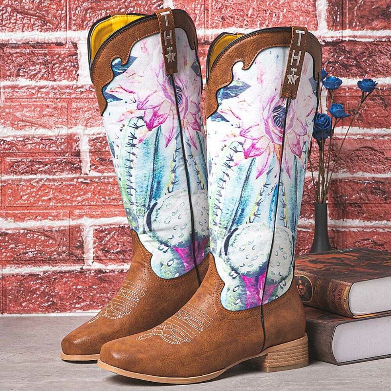 Bottes De Cowboy À Enfiler À Bout Carré Et Imprimé Floral Rétro Pour Femmes