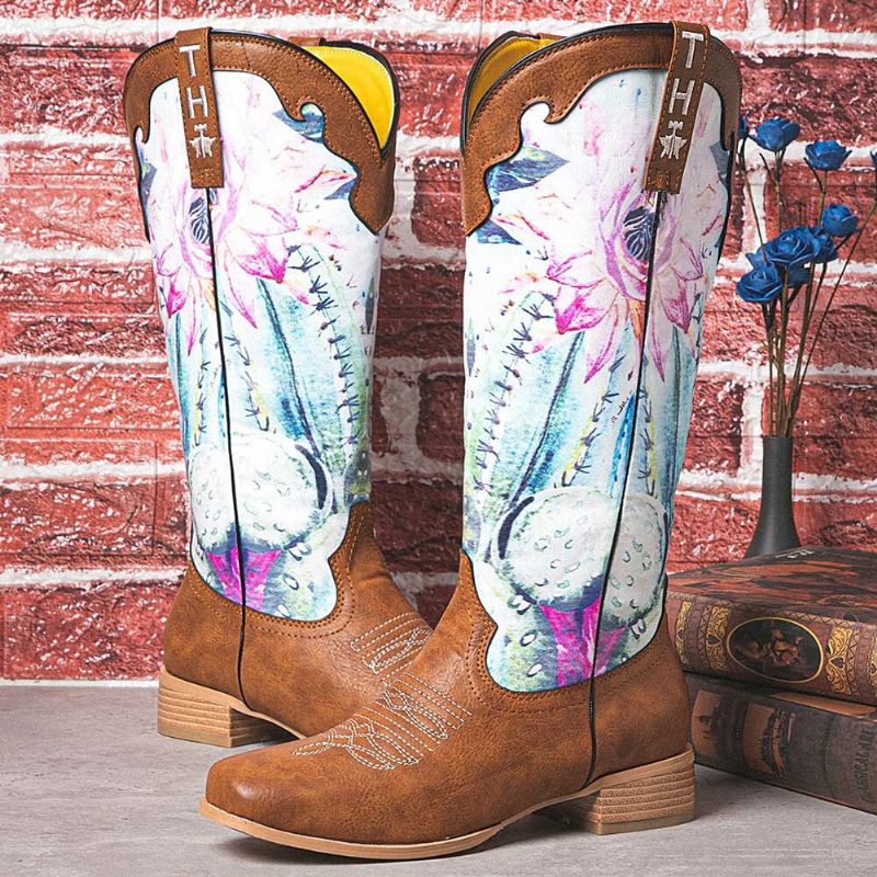 Bottes De Cowboy À Enfiler À Bout Carré Et Imprimé Floral Rétro Pour Femmes