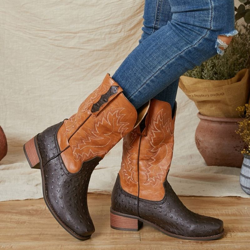 Bottes De Cowboy Mi-mollet Antidérapantes Brodées Pour Femmes