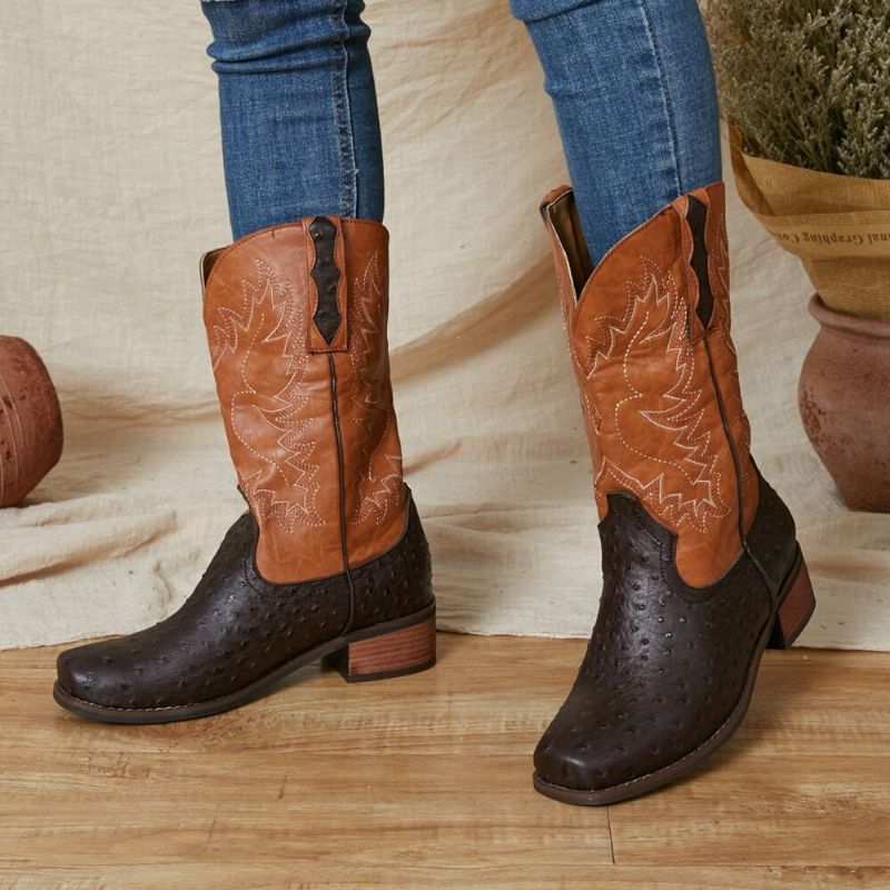 Bottes De Cowboy Mi-mollet Antidérapantes Brodées Pour Femmes