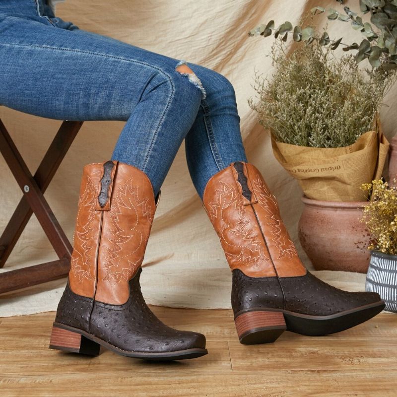 Bottes De Cowboy Mi-mollet Antidérapantes Brodées Pour Femmes