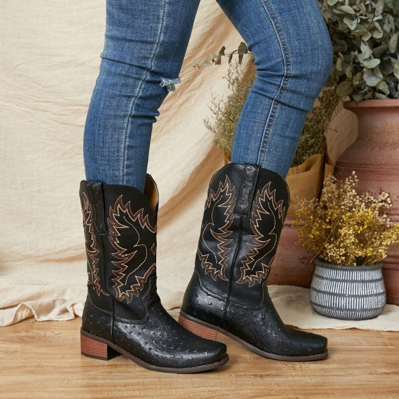 Bottes De Cowboy Mi-mollet Antidérapantes Brodées Pour Femmes