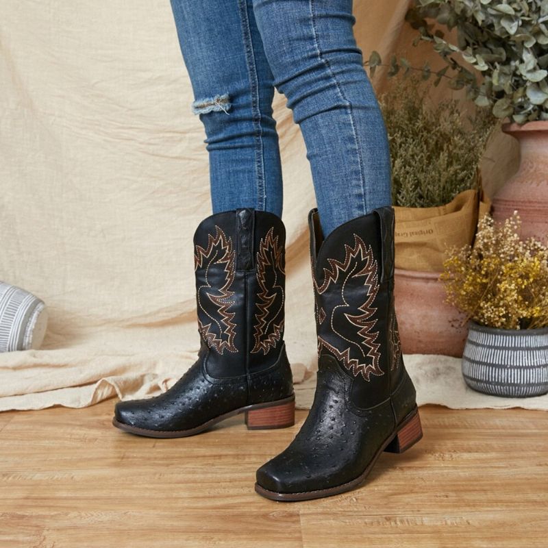 Bottes De Cowboy Mi-mollet Antidérapantes Brodées Pour Femmes