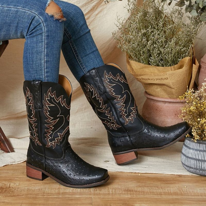 Bottes De Cowboy Mi-mollet Antidérapantes Brodées Pour Femmes