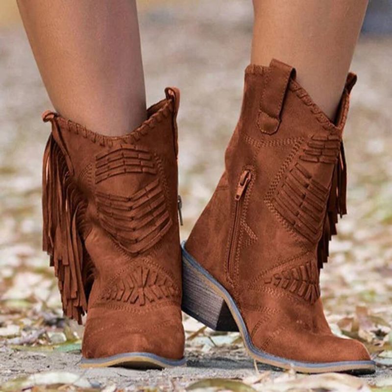 Bottes De Cowboy À Mi-mollet Avec Pompons Et Fermeture À Glissière Latérale Pour Femmes De Grande Taille