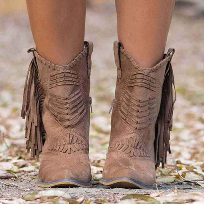 Bottes De Cowboy À Mi-mollet Avec Pompons Et Fermeture À Glissière Latérale Pour Femmes De Grande Taille