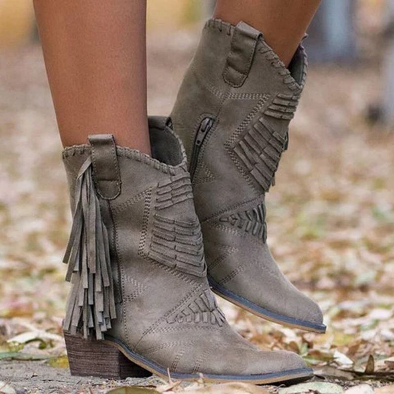 Bottes De Cowboy À Mi-mollet Avec Pompons Et Fermeture À Glissière Latérale Pour Femmes De Grande Taille