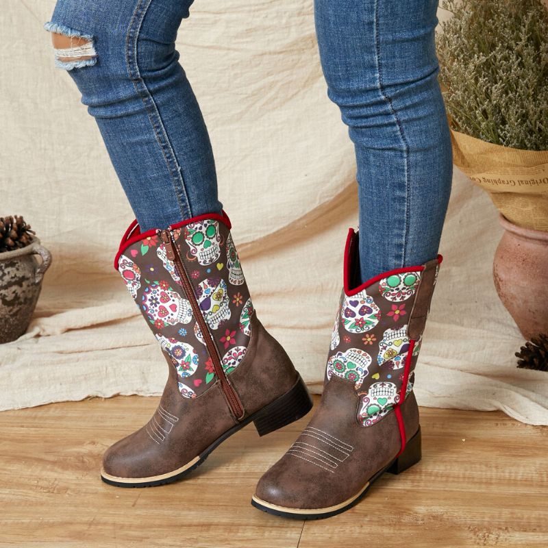 Bottes De Cowboy Mi-mollet À Bout Pointu Avec Fermeture À Glissière Pour Femmes