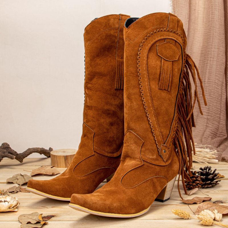 Bottes De Cowboy Mi-mollet À Bout Pointu Et À Pompon Pour Femme