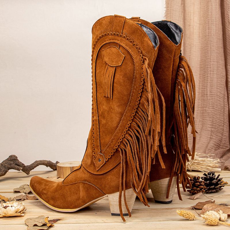 Bottes De Cowboy Mi-mollet À Bout Pointu Et À Pompon Pour Femme