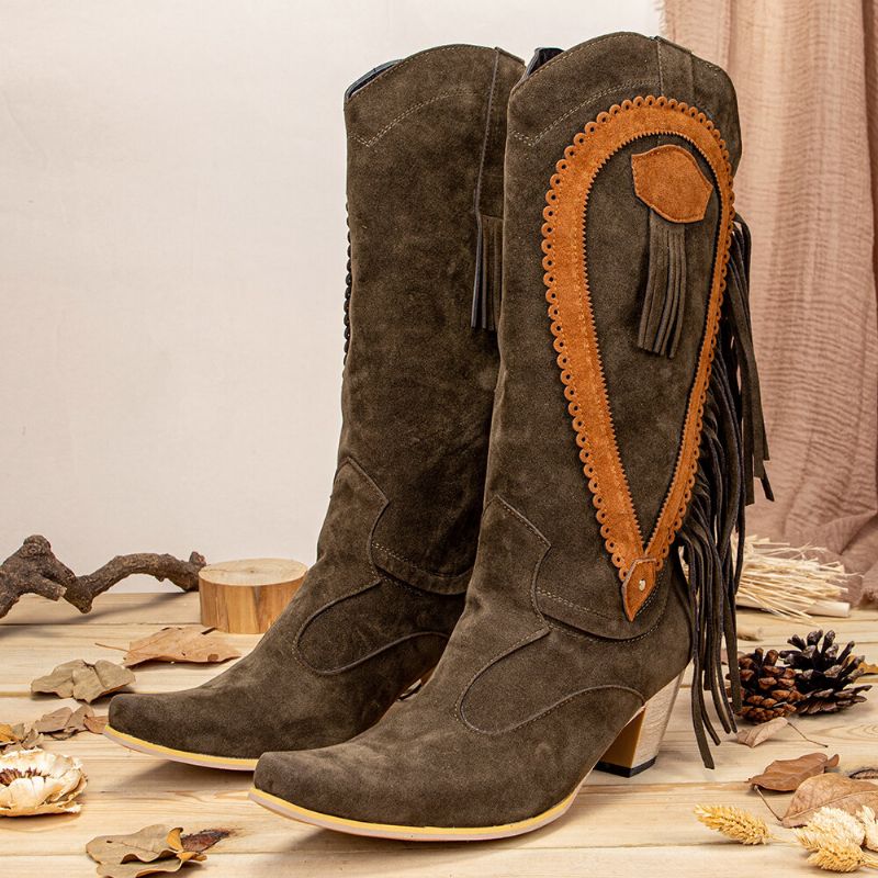 Bottes De Cowboy Mi-mollet À Bout Pointu Et À Pompon Pour Femme