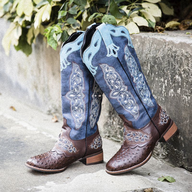 Bottes De Cowboy Mi-mollet Brodées De Fleurs Rétro Pour Femmes De Grande Taille