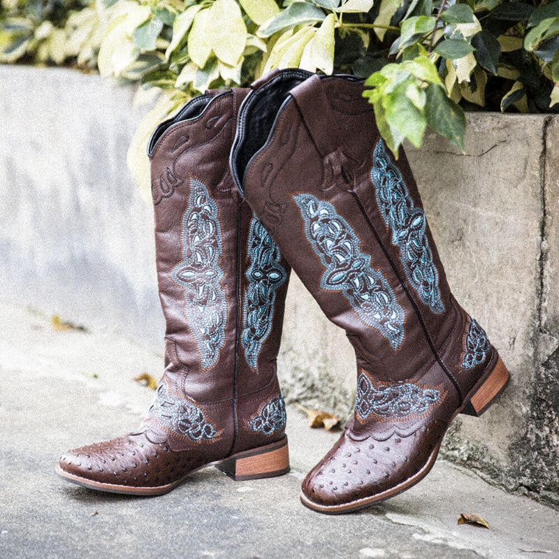 Bottes De Cowboy Mi-mollet Brodées De Fleurs Rétro Pour Femmes De Grande Taille