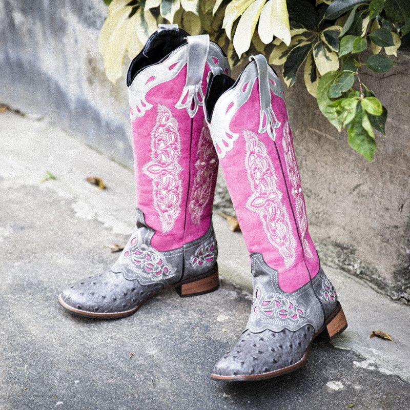 Bottes De Cowboy Mi-mollet Brodées De Fleurs Rétro Pour Femmes De Grande Taille